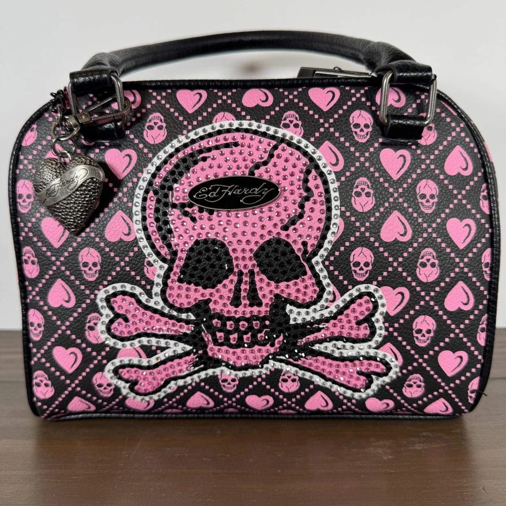 Ed Hardy Satchel Handbag Black Pink Skull Hearts Rhinestone Vegan Leather Purse